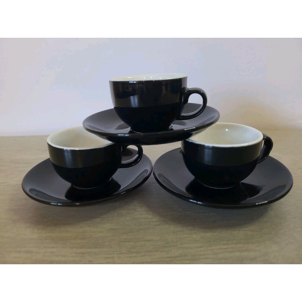Set 3 Crate & Barrel Demitasse Espresso Cups and Saucers Black Porcelain